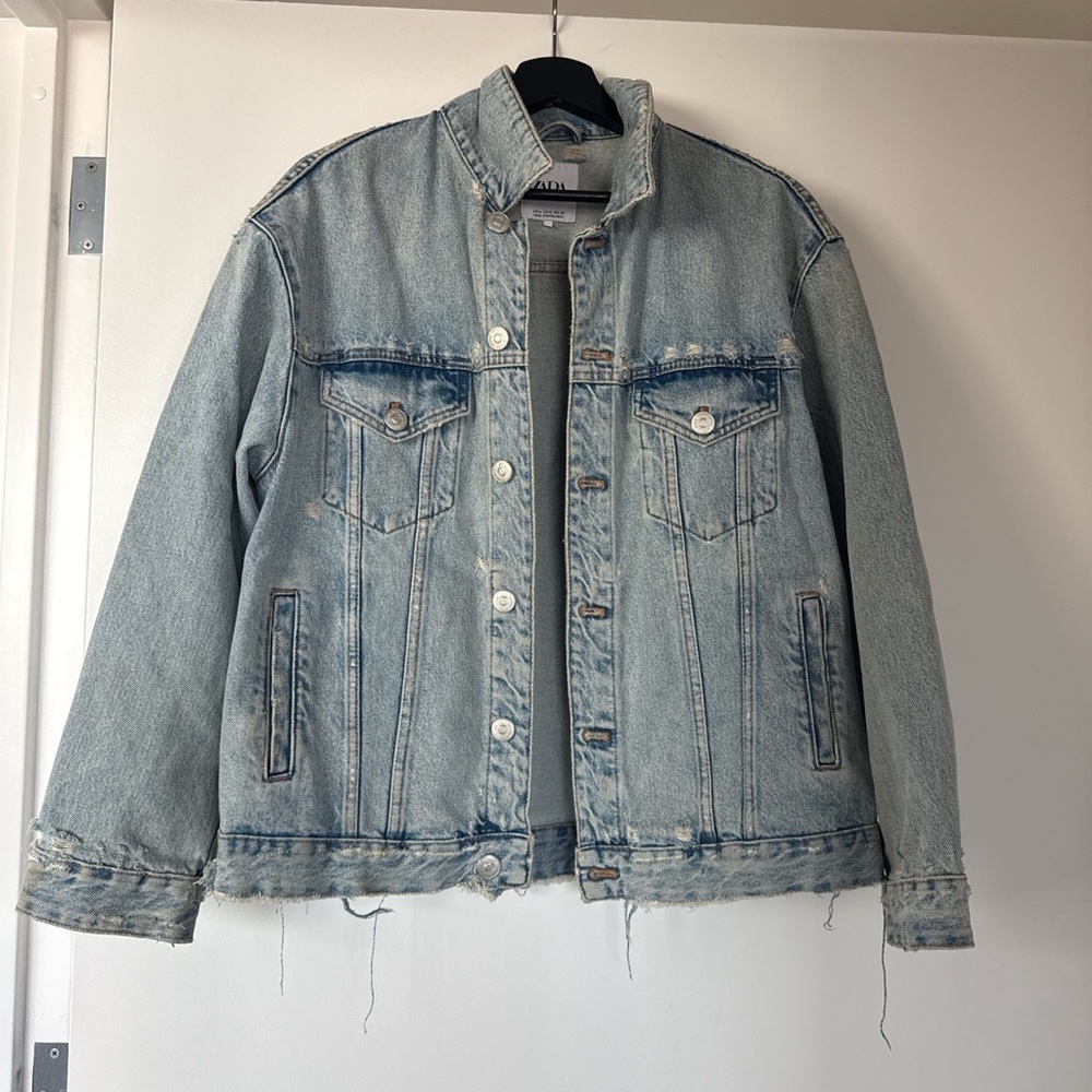 Zara Distressed Oversized Light Blue Denim Jacket